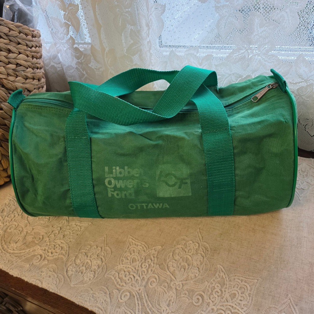 Vintage Canvas Duffle Gym Bag Libbey-Owens-Ford Ottawa Green Air-Tex